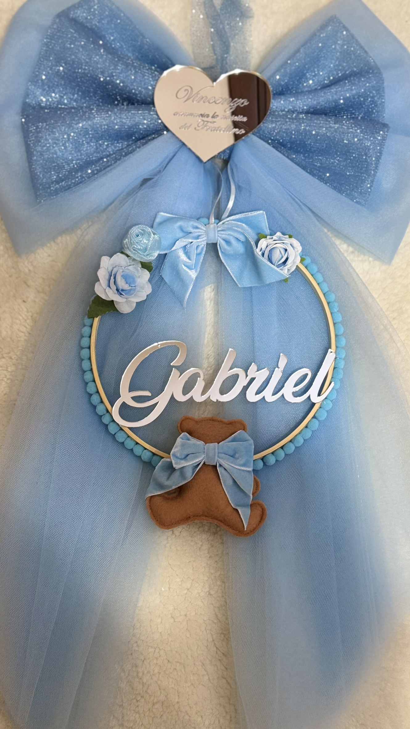 Fiocco Nascita in Tulle Personalizzato con Cuore in Plexiglass e Nome - immagine 2
