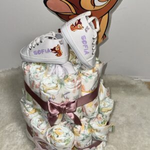 Torta di Pannolini Personalizzata con 36 Pannolini, 2 Body, Scarpette e Salviette